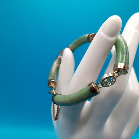 Vintage Asian Green Jade Gold Tone 7" Link Bracelet Safety Chain Push Lock Clasp - Picture 3 of 10